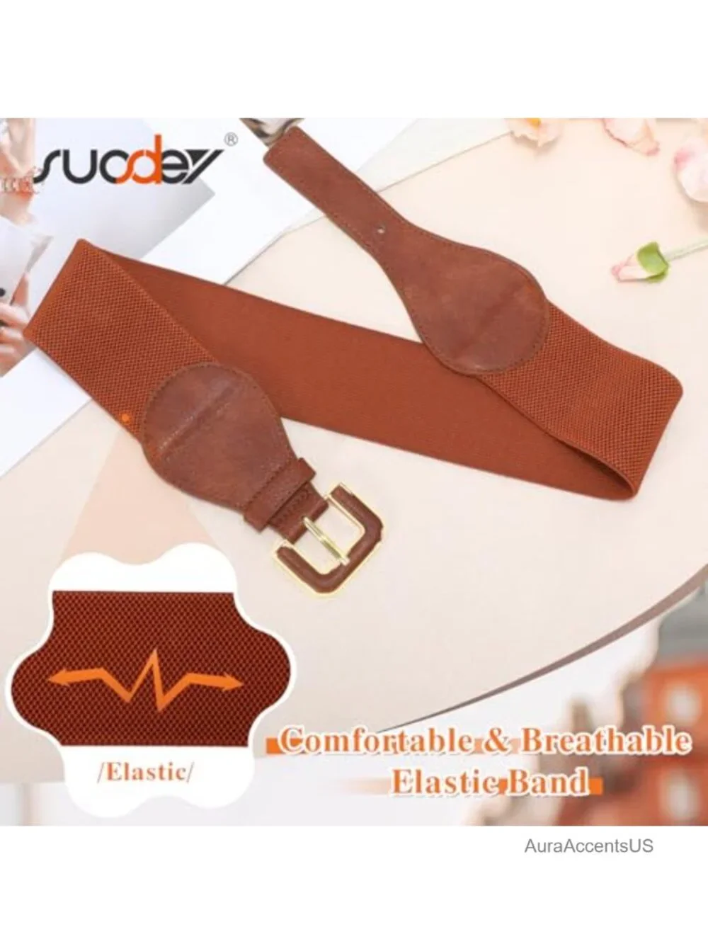 Wide Waist Belt with Gold Buckle Faux Leather Elastic Chunky Dress Belt